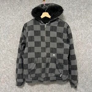Y2K Volcom Youth Checkered Faux Fur Lined Hoodie Jacket Kids XL